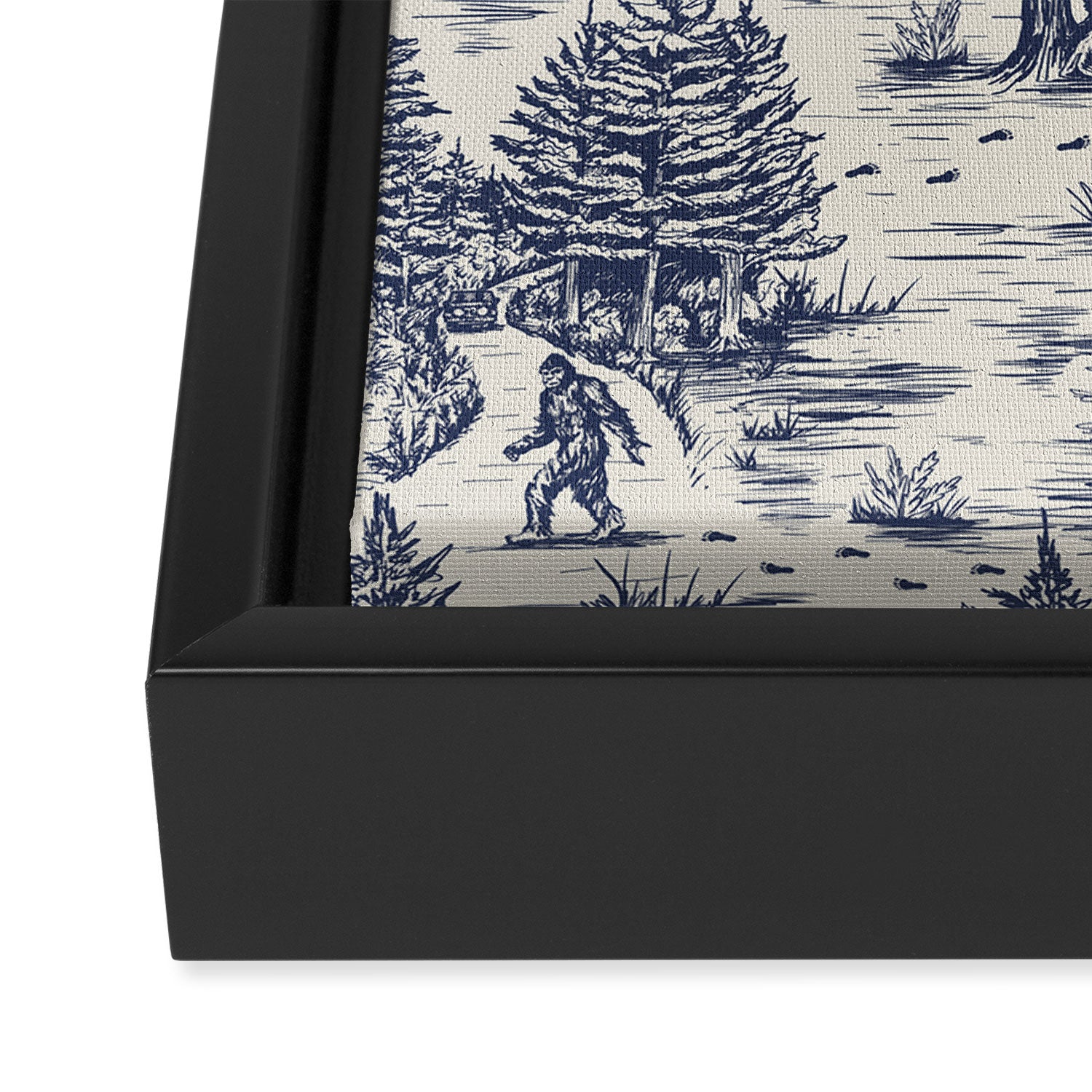 Bigfoot / Sasquatch Toile de Jouy in Blue Framed Canvas Print Gallery Image 3