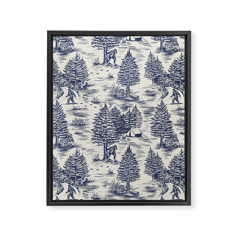 Bigfoot / Sasquatch Toile de Jouy in Blue Framed Canvas Print Gallery Image 8