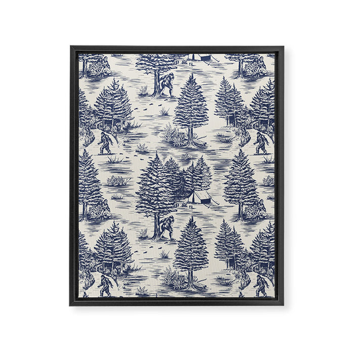 Bigfoot / Sasquatch Toile de Jouy in Blue Framed Canvas Print Gallery Image 1