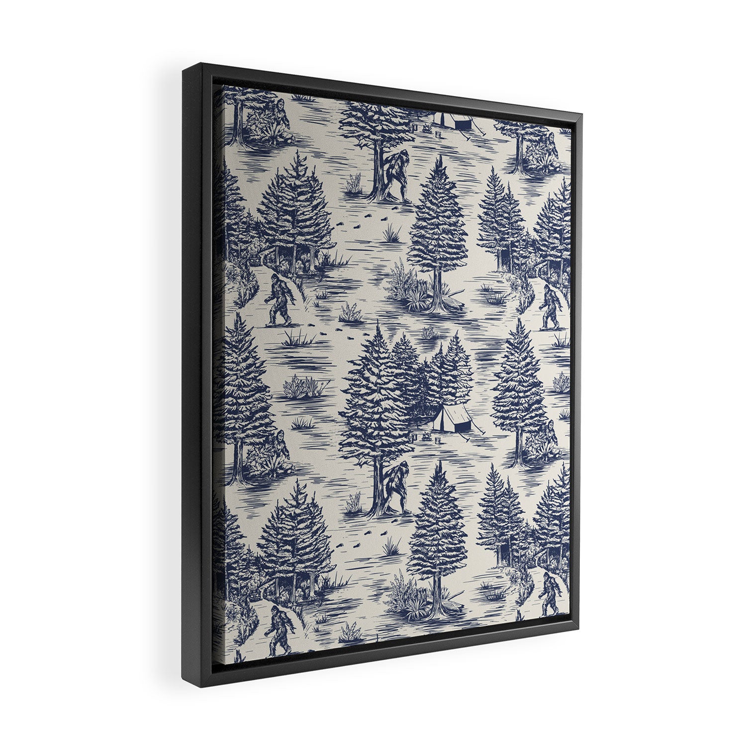 Bigfoot / Sasquatch Toile de Jouy in Blue Framed Canvas Print Gallery Image 2