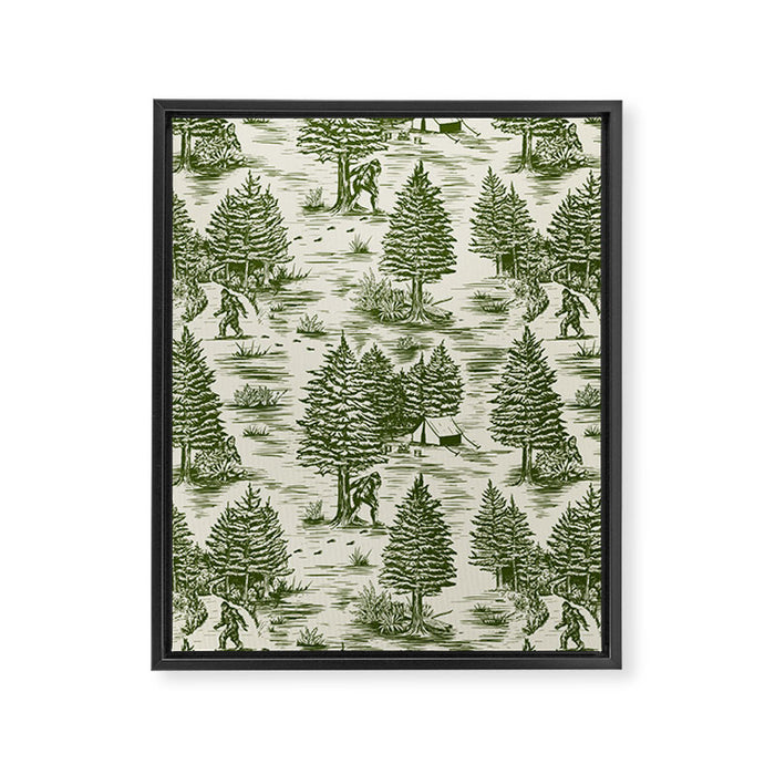 Bigfoot / Sasquatch Toile de Jouy in Forest Green Framed Canvas Print Gallery Image 1