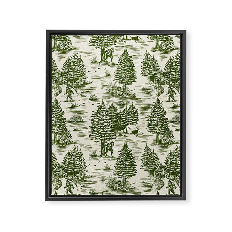 Bigfoot / Sasquatch Toile de Jouy in Forest Green Framed Canvas Print Gallery Image 8