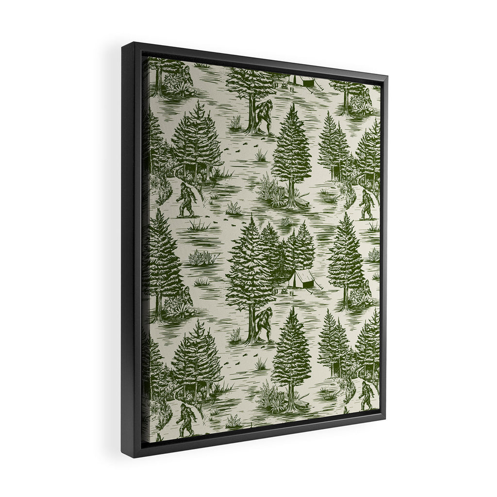 Bigfoot / Sasquatch Toile de Jouy in Forest Green Framed Canvas Print Gallery Image 2