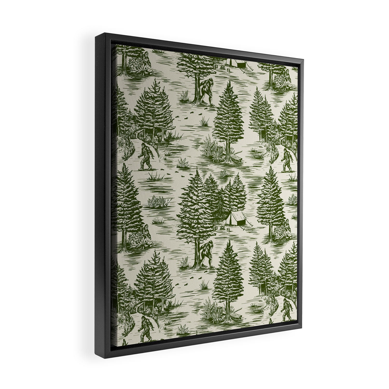 Bigfoot / Sasquatch Toile de Jouy in Forest Green Framed Canvas Print Gallery Image 2
