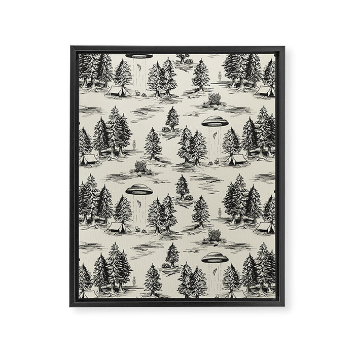 Black Alien Abduction Toile De Jouy Pattern Framed Canvas Print Gallery Image 1