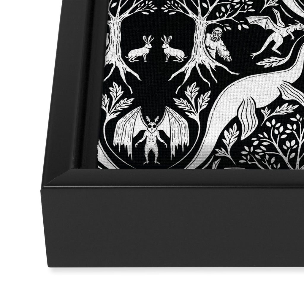 Black & White Cryptid Damask Framed Canvas Print Gallery Image 3