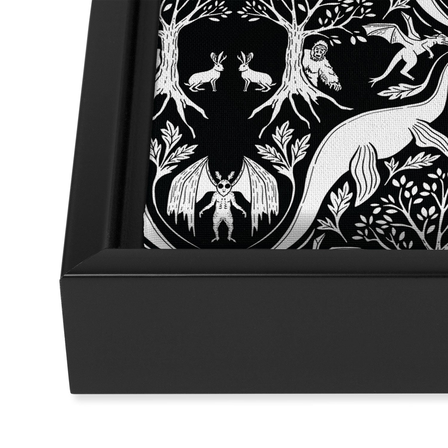 Black & White Cryptid Damask Framed Canvas Print Gallery Image 3