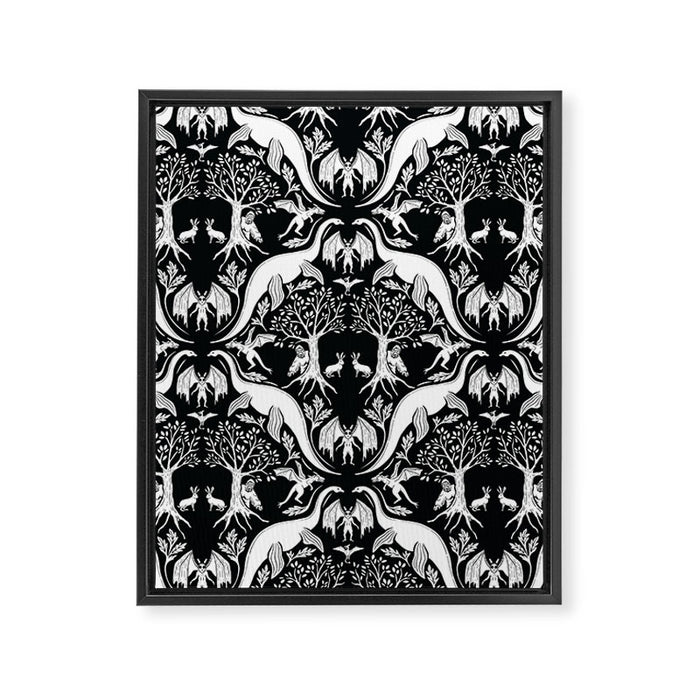 Black & White Cryptid Damask Framed Canvas Print Gallery Image 1