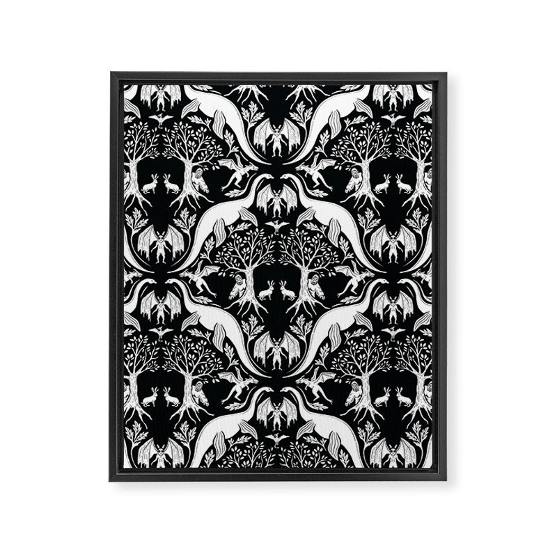 Black & White Cryptid Damask Framed Canvas Print Gallery Image 8