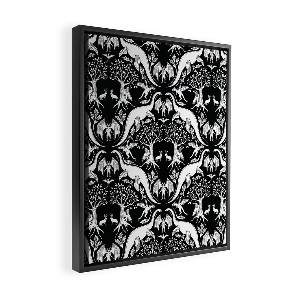 Black & White Cryptid Damask Framed Canvas Print Gallery Image 2