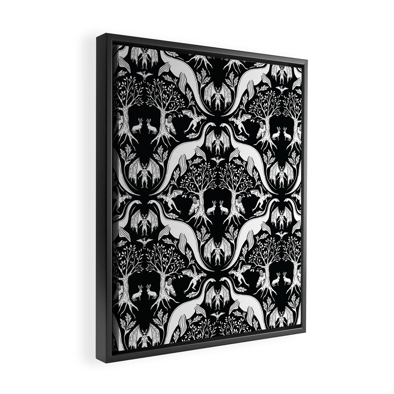 Black & White Cryptid Damask Framed Canvas Print Gallery Image 2