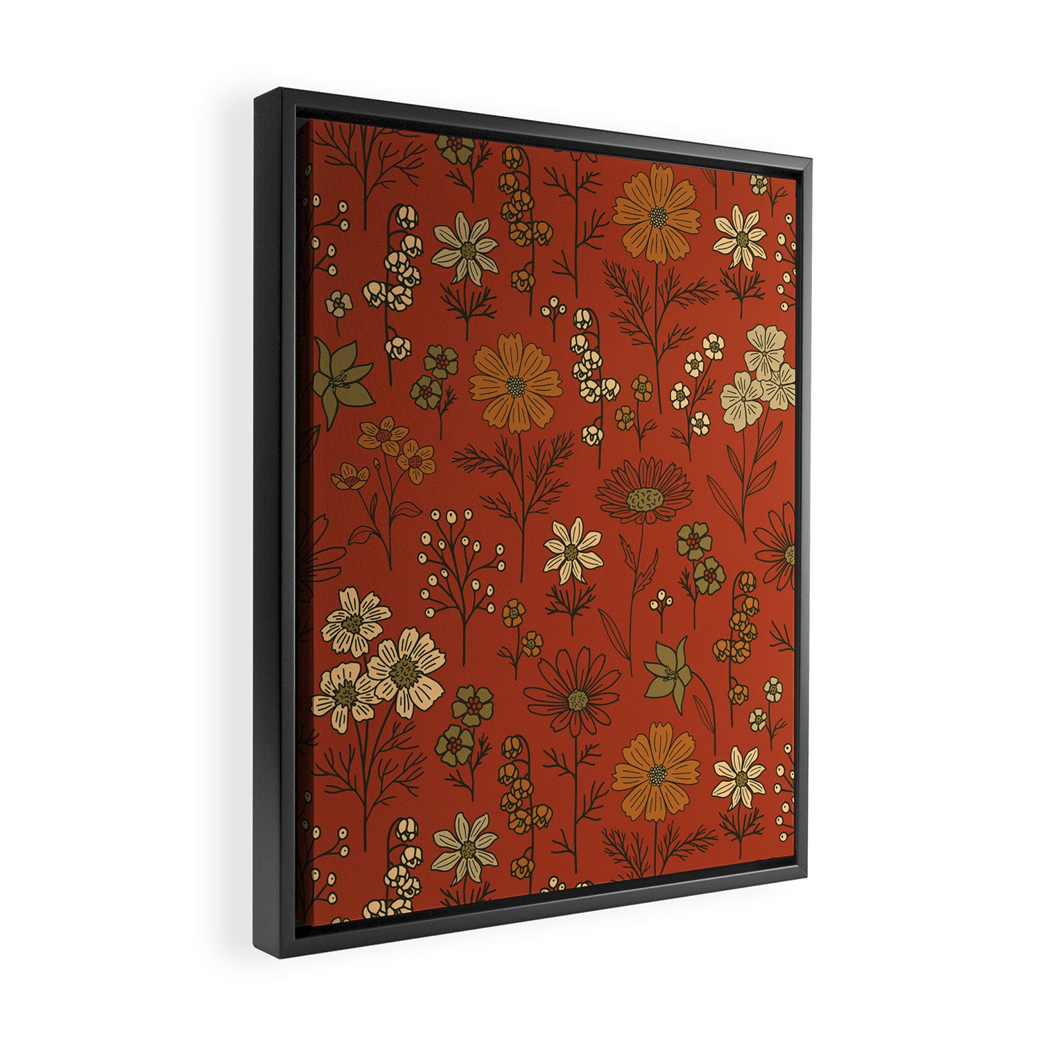Burnt Orange & Olive Green Floral Framed Canvas Print Gallery Image 2
