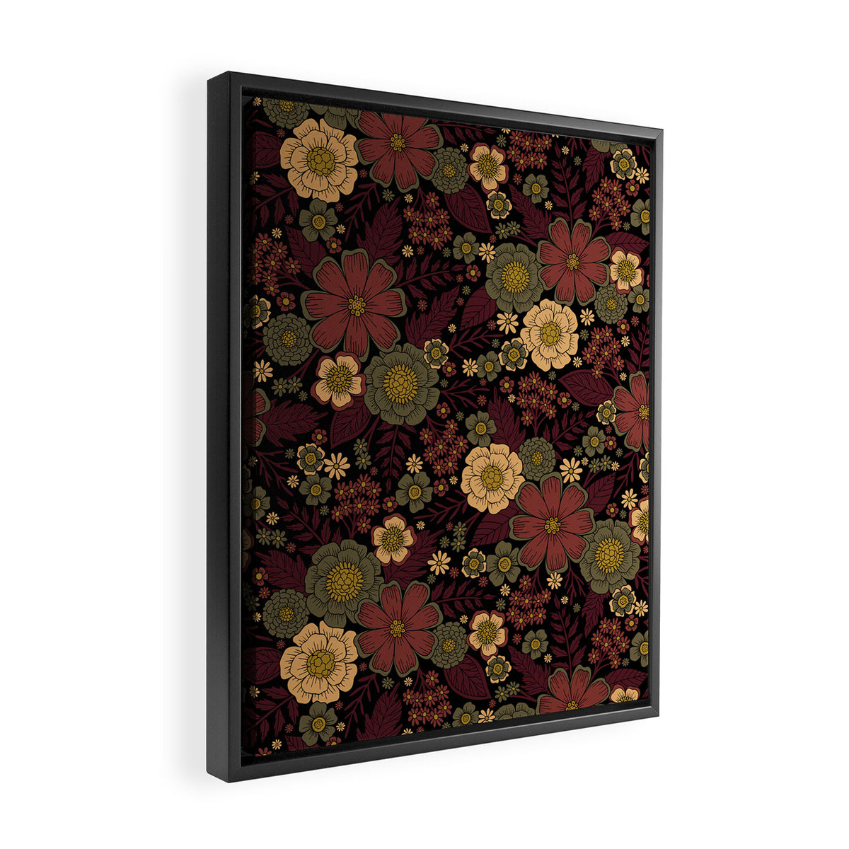 Classy Burgundy, Cream & Sage Green Floral Pattern Framed Canvas Print Gallery Image 2