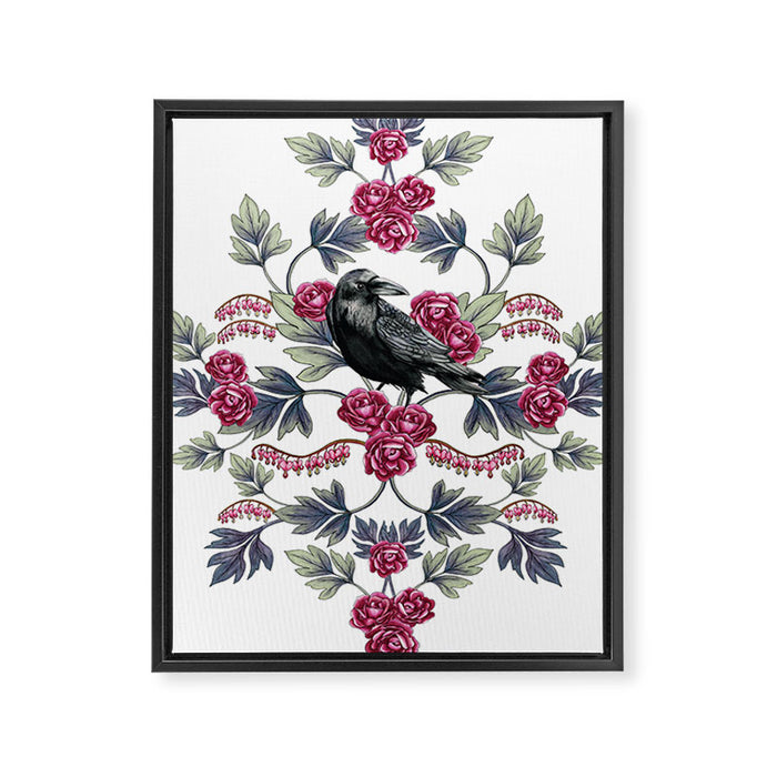 Crows, Bleeding Hearts & Roses Floral/Botanical Pattern Framed Canvas Print Gallery Image 1