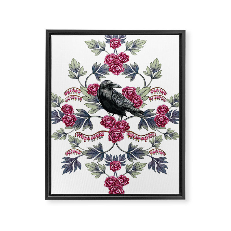 Crows, Bleeding Hearts & Roses Floral/Botanical Pattern Framed Canvas Print Gallery Image 6