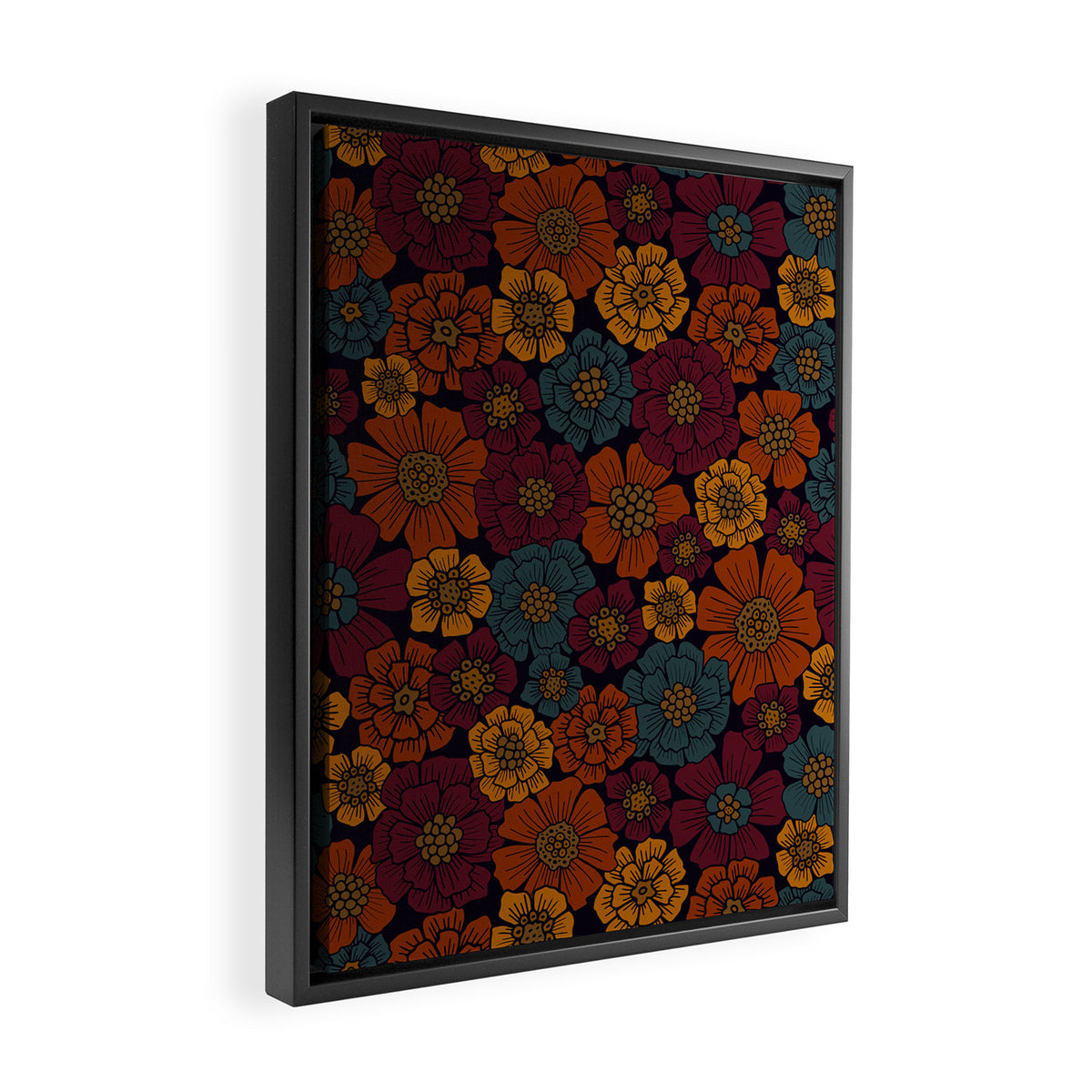 Dark Burgundy, Teal & Mustard Floral Framed Canvas Print Gallery Image 2