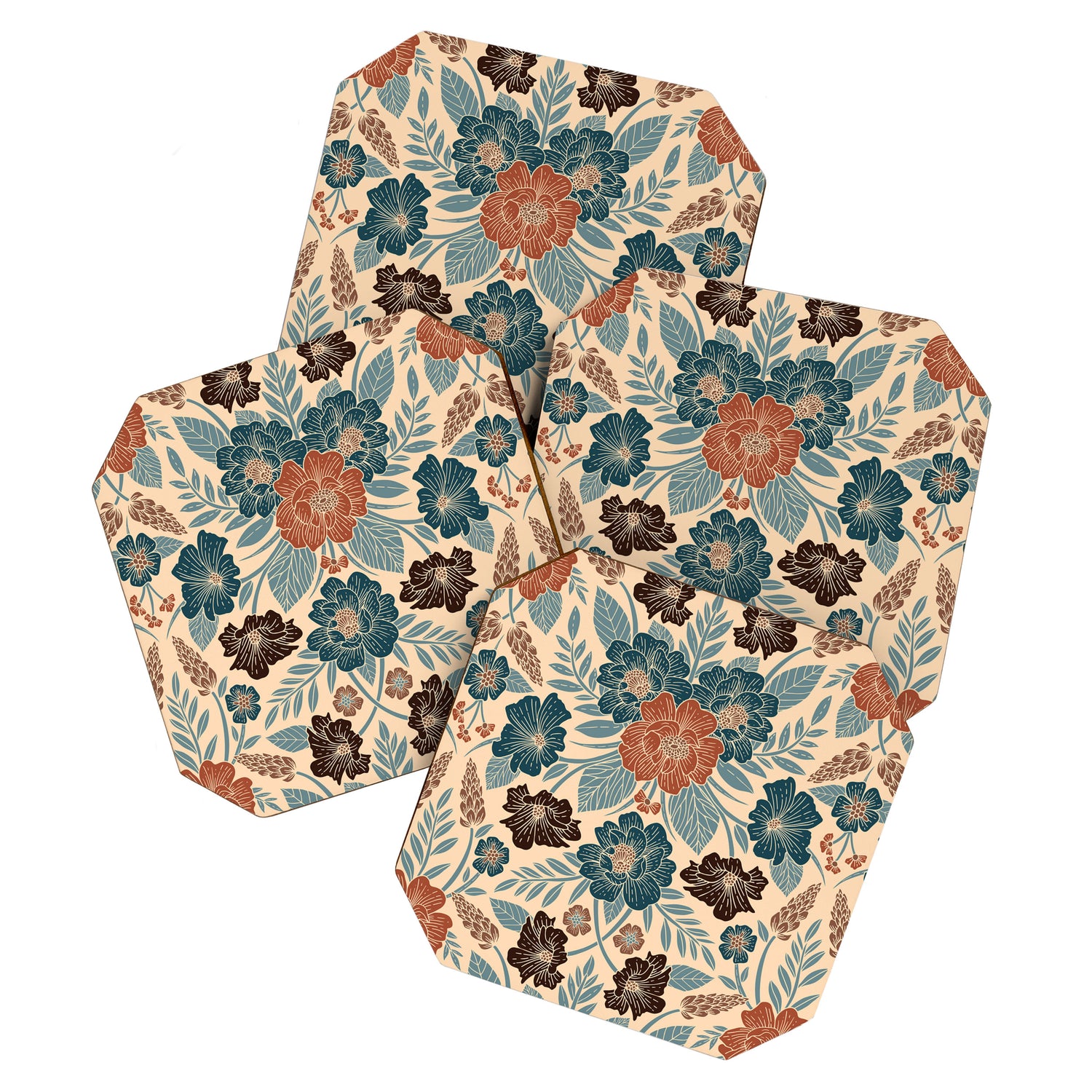 Fall Floral Pattern in Blue, Brown & Rust Coaster Gallery Image 1