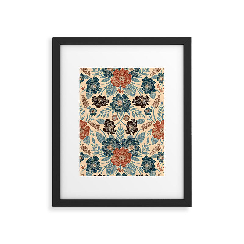 Fall Floral Pattern in Blue, Brown & Rust Framed Art Print Gallery Image 6