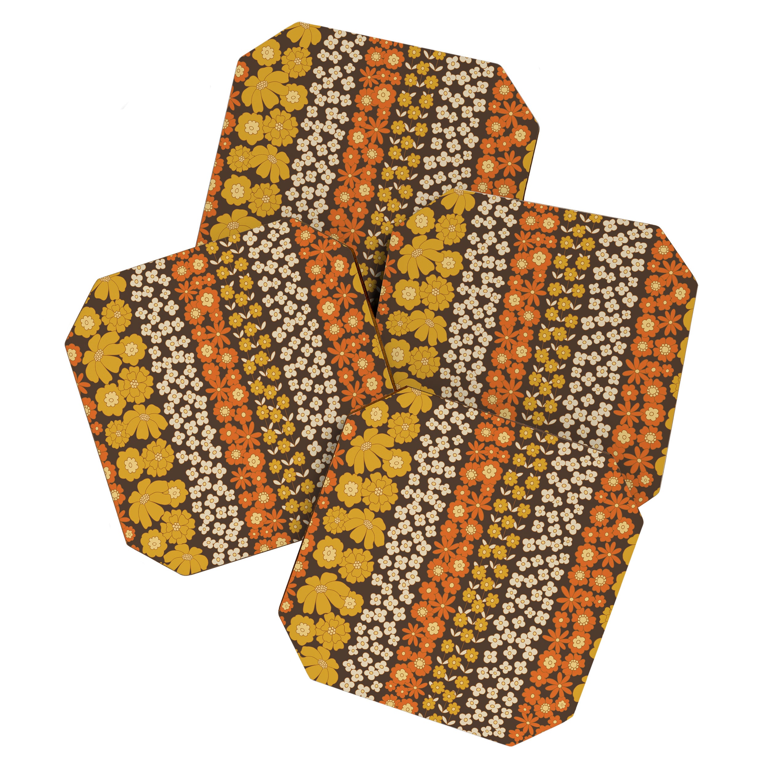 Floral Stripe in Retro 1970s Yellow, Orange, and Brown Coaster Gallery Image 1