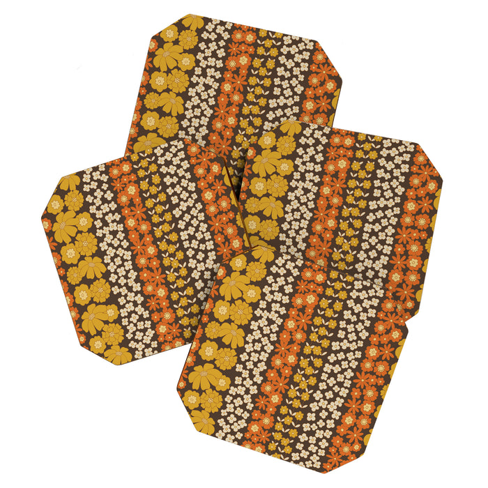 Floral Stripe in Retro 1970s Yellow, Orange, and Brown Coaster Gallery Image 1