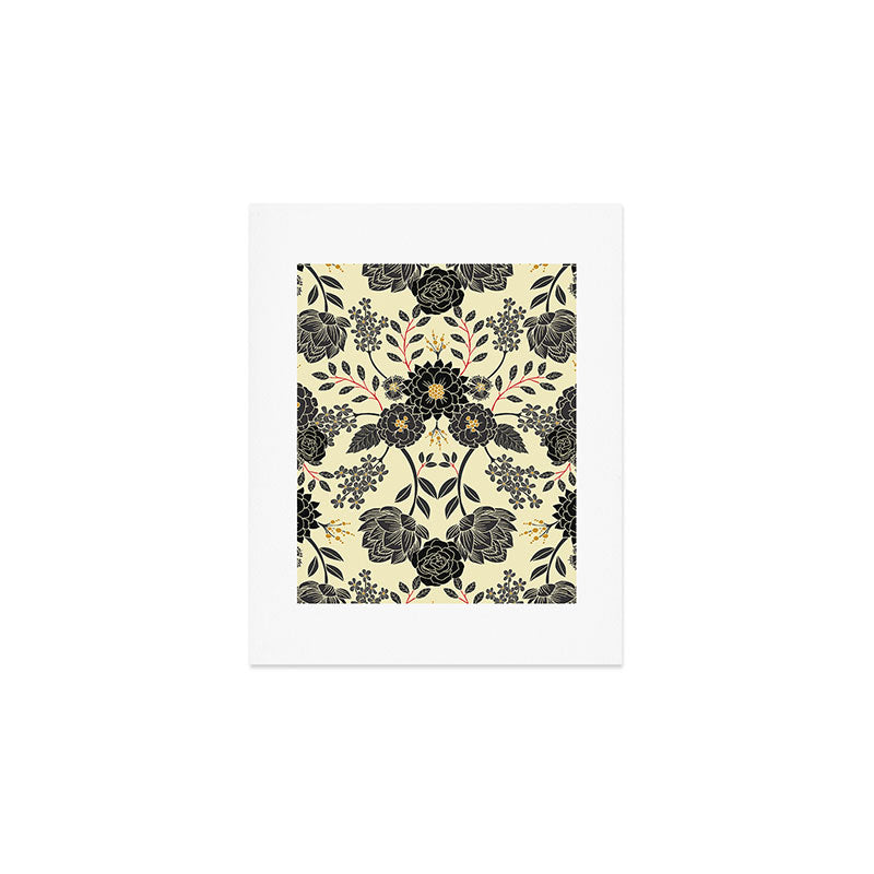 Gray, Black, Cream, Yellow & Red Sophisticated Floral Pattern Art Print Gallery Image 1