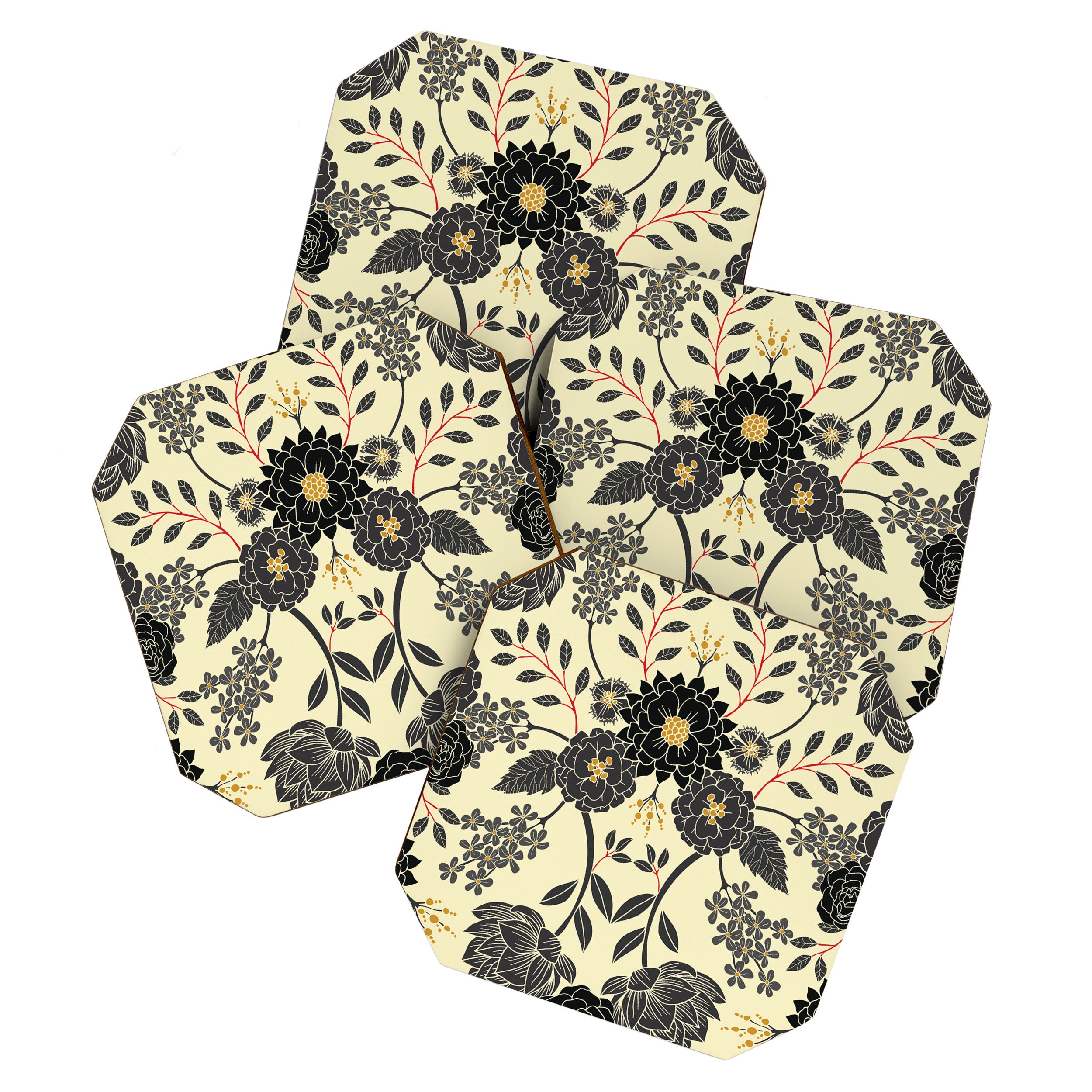 Gray, Black, Cream, Yellow & Red Sophisticated Floral Pattern Coaster Gallery Image 1