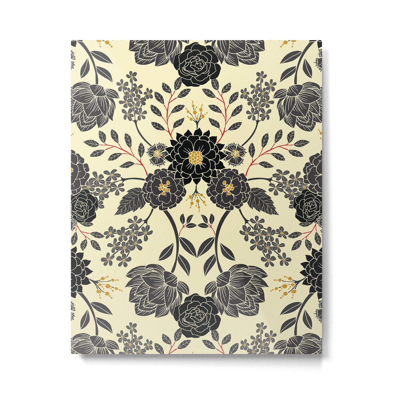Gray, Black, Cream, Yellow & Red Sophisticated Floral Pattern Metal Print Gallery Image 6