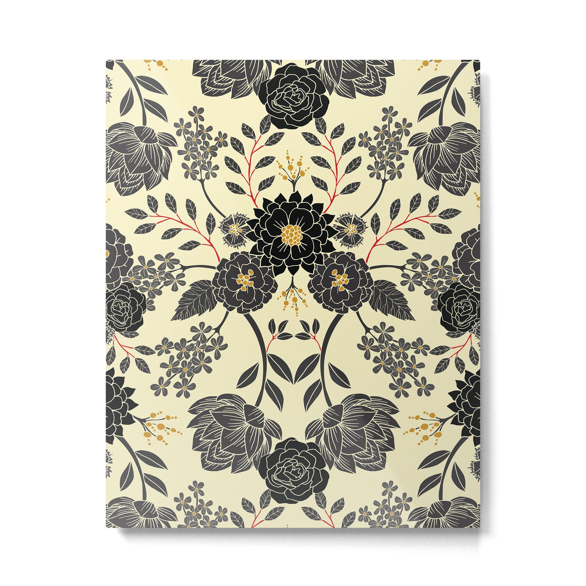 Gray, Black, Cream, Yellow & Red Sophisticated Floral Pattern Metal Print Gallery Image 6