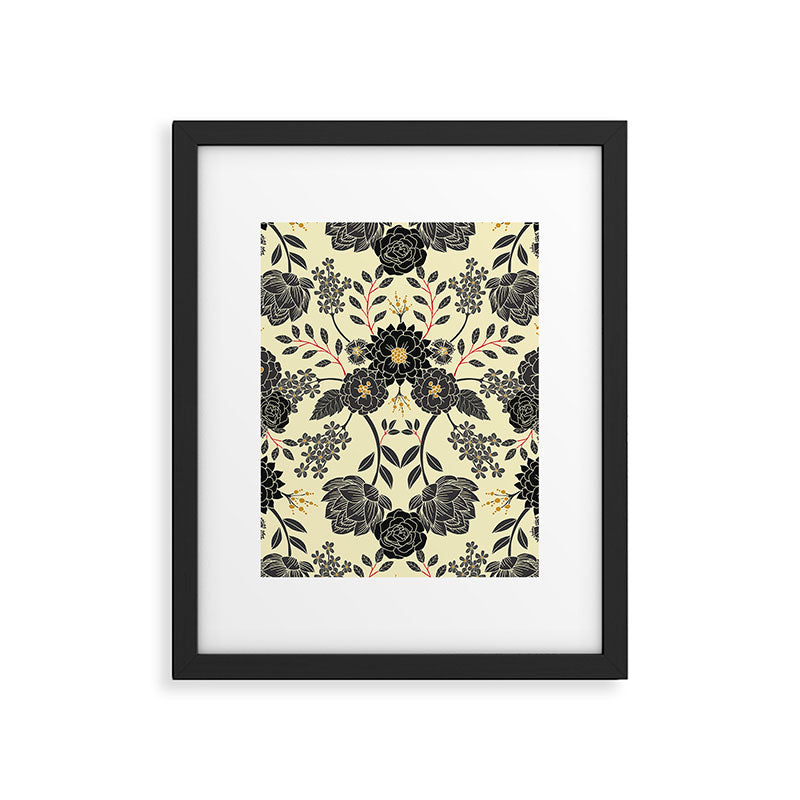 Gray, Black, Cream, Yellow & Red Sophisticated Floral Pattern Framed Art Print Gallery Image 6