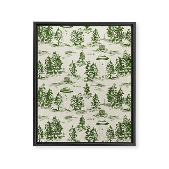 Green Alien Abduction Toile De Jouy Pattern Framed Canvas Print Gallery Image 1