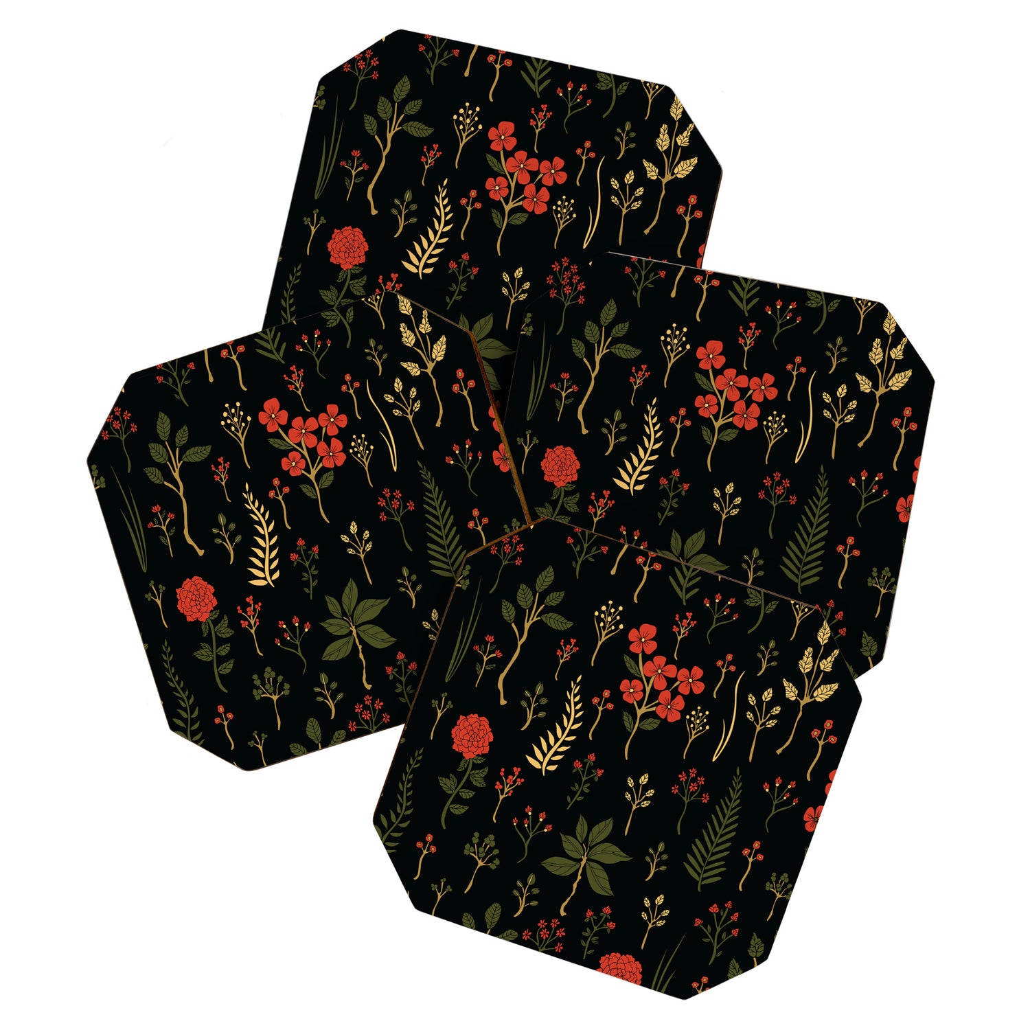 Green, Red-Orange, and Black Floral/Botanical Print Coaster Gallery Image 1