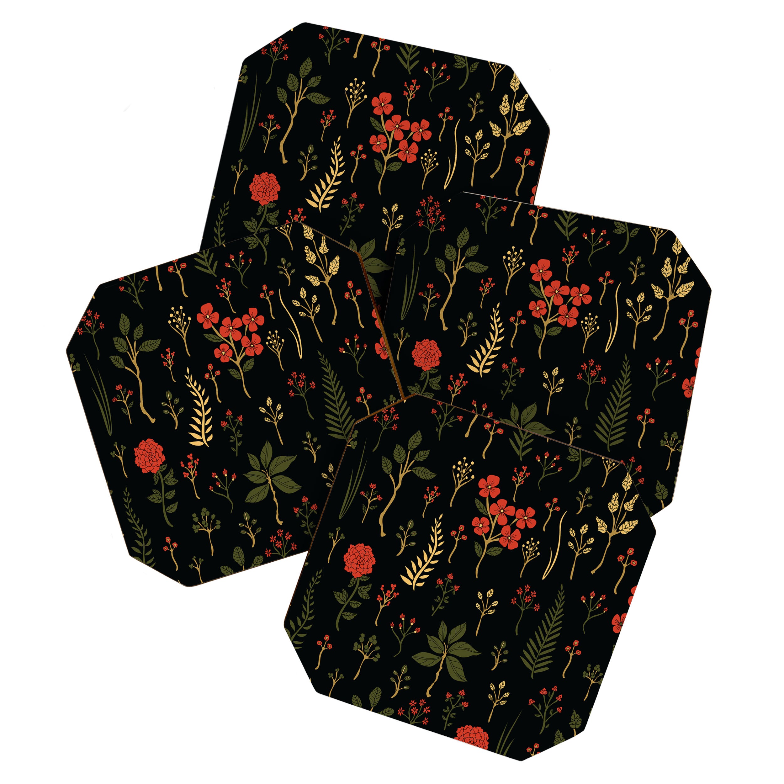 Green, Red-Orange, and Black Floral/Botanical Print Coaster Gallery Image 1