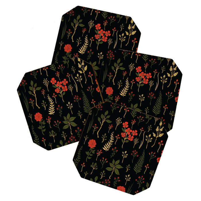 Green, Red-Orange, and Black Floral/Botanical Print Coaster Gallery Image 1
