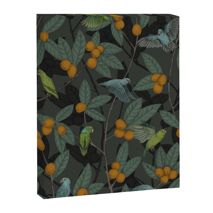 Green & Turquoise Parrotlets and Loquats Canvas Print Gallery Image 1