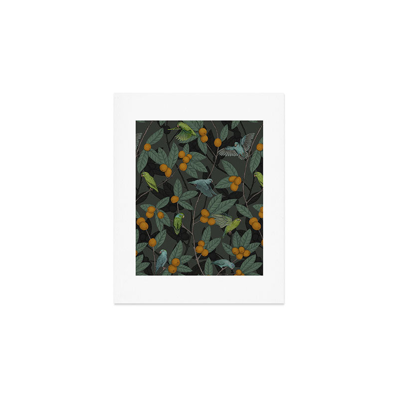 Green & Turquoise Parrotlets and Loquats Art Print Gallery Image 1