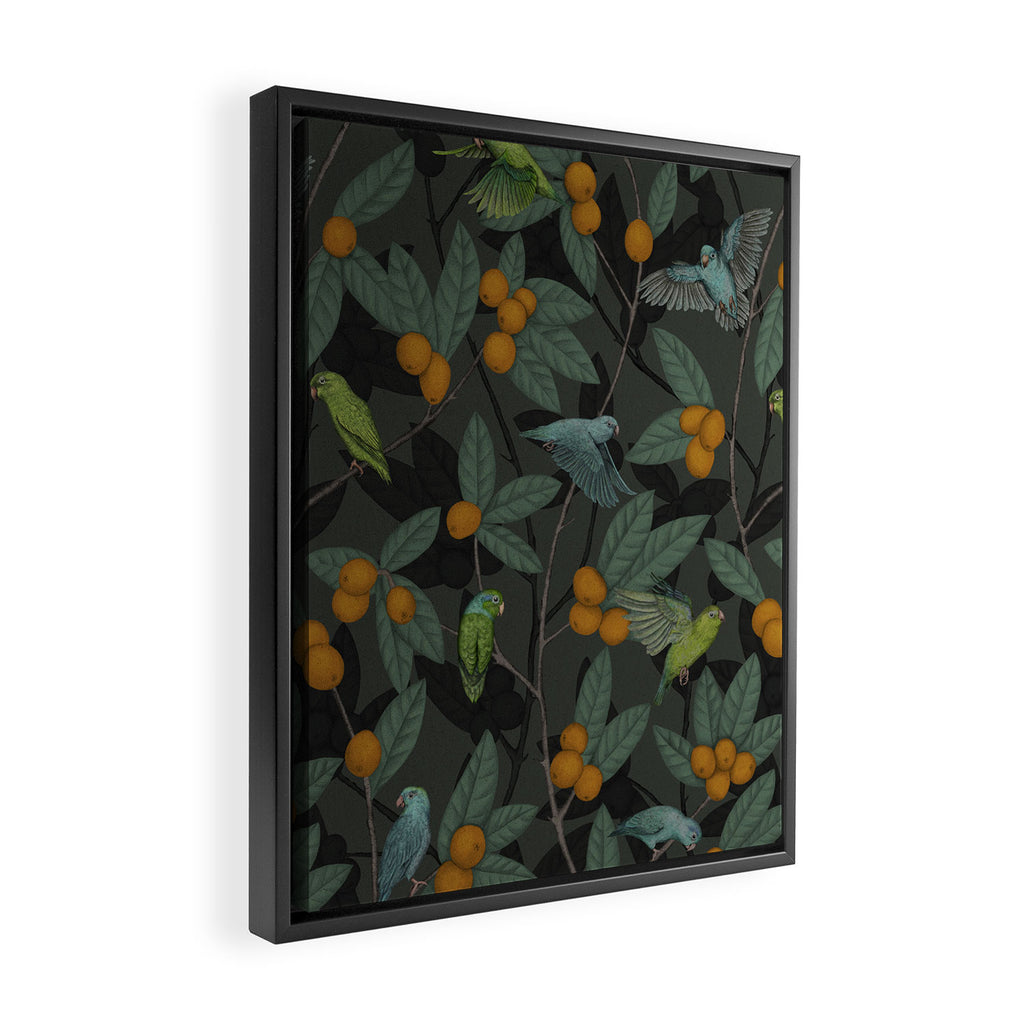 Green & Turquoise Parrotlets and Loquats Framed Canvas Print Gallery Image 2