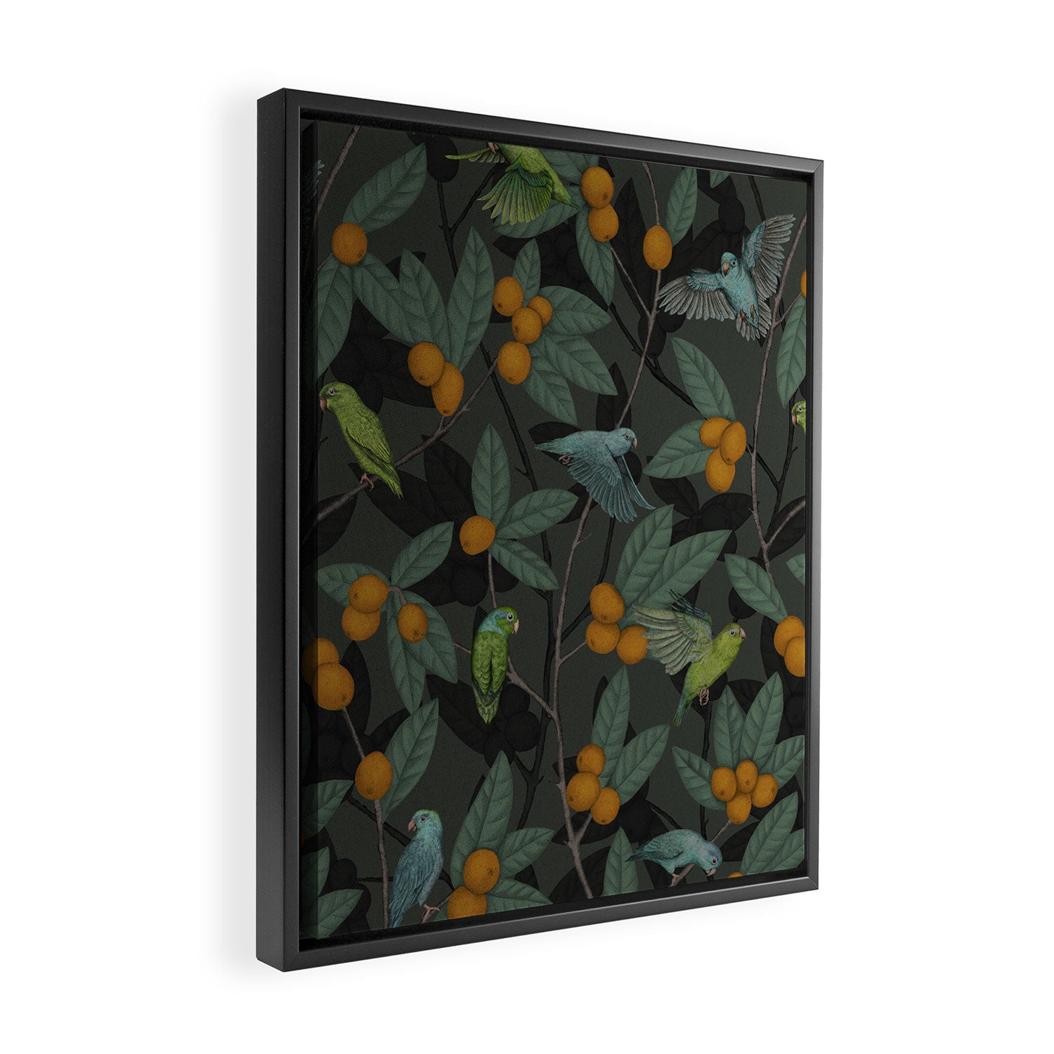 Green & Turquoise Parrotlets and Loquats Framed Canvas Print Gallery Image 2