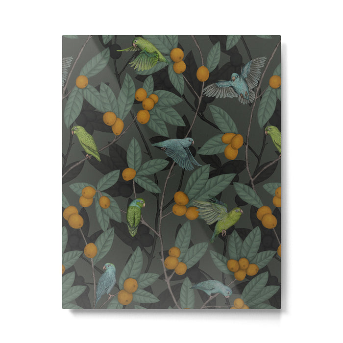 Green & Turquoise Parrotlets and Loquats Metal Print Gallery Image 1