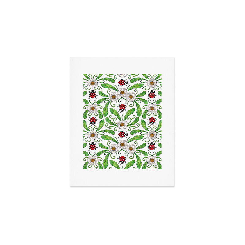Ladybugs & Daisies - Cute Floral Bug Pattern with Ladybirds Art Print Gallery Image 1