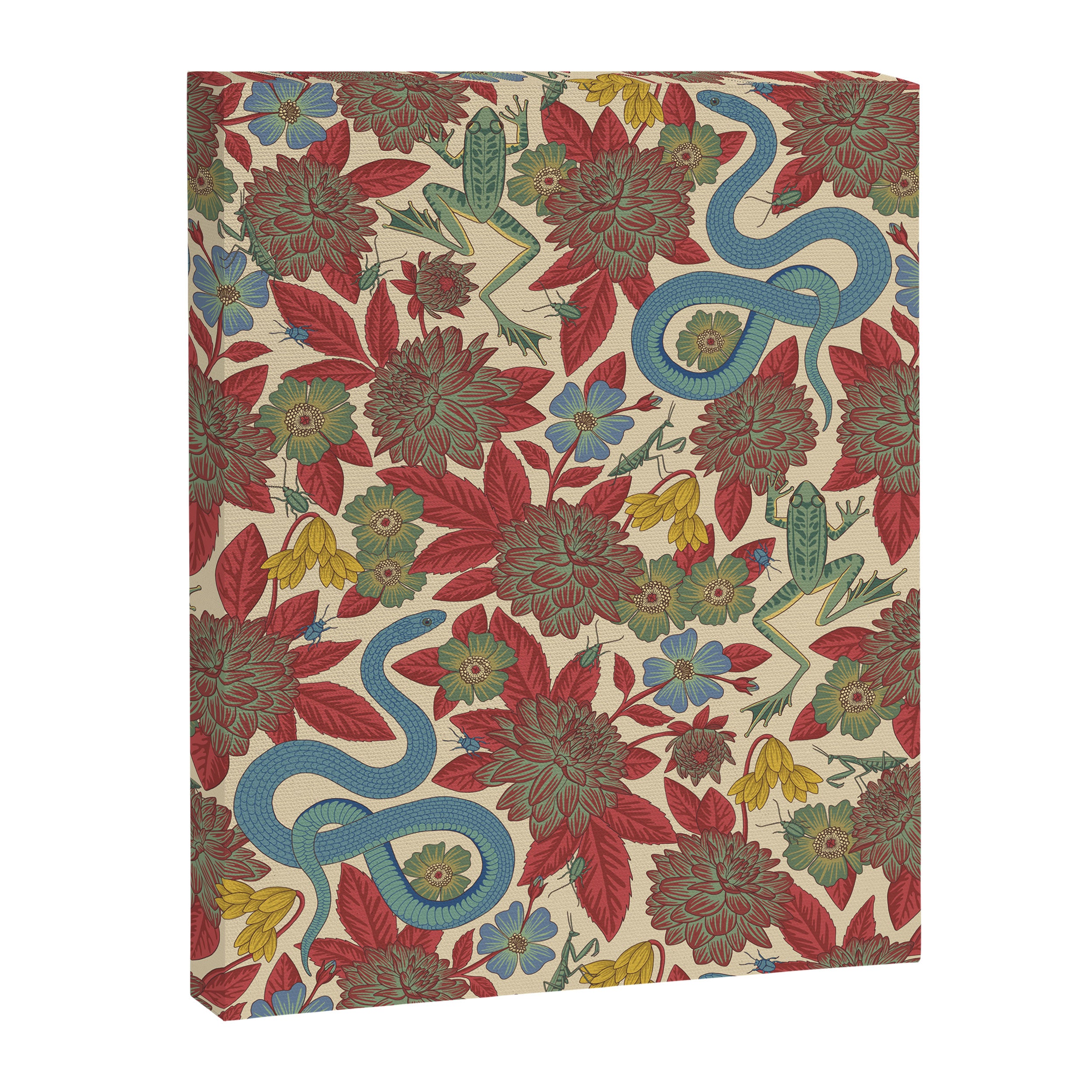 Large-Scale Dahlias, Frogs, Snakes, Praying Mantis in Red and Blue Canvas Print Gallery Image 8