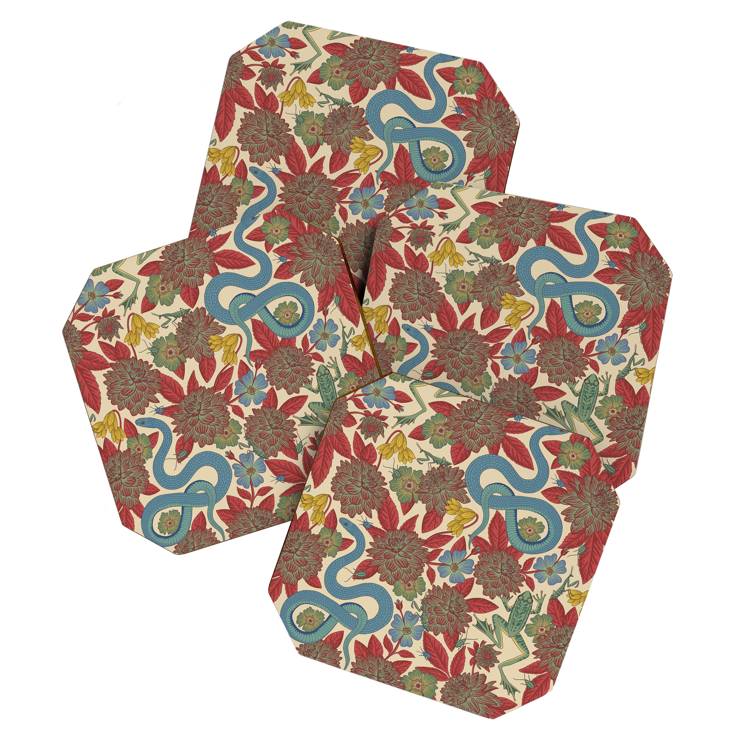 Large-Scale Dahlias, Frogs, Snakes, Praying Mantis in Red and Blue Coaster Gallery Image 1