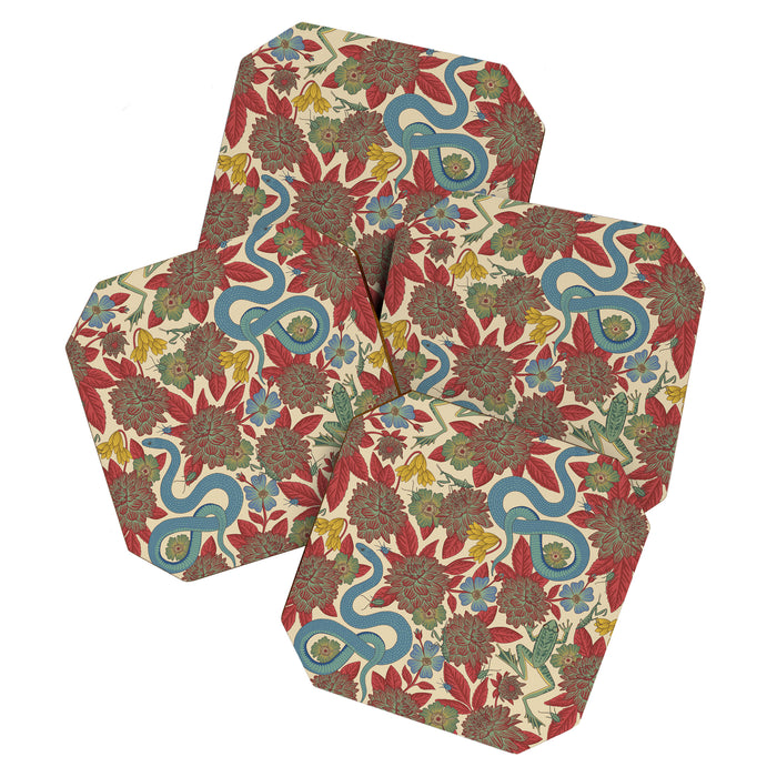 Large-Scale Dahlias, Frogs, Snakes, Praying Mantis in Red and Blue Coaster Gallery Image 1