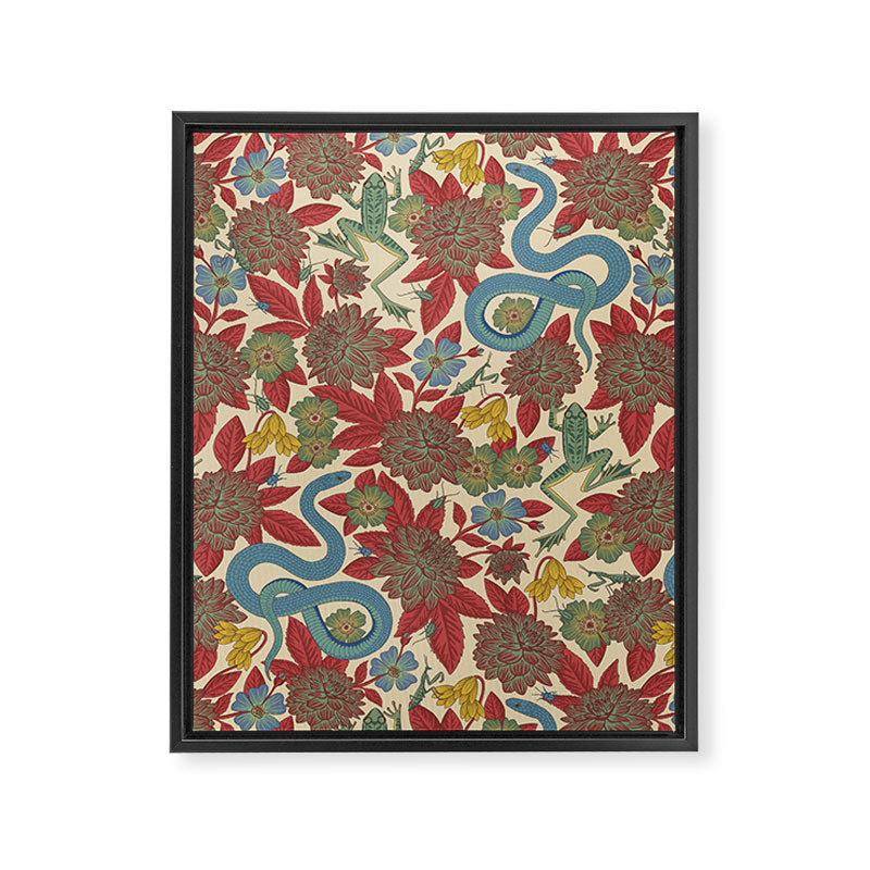 Large-Scale Dahlias, Frogs, Snakes, Praying Mantis in Red and Blue Framed Canvas Print Gallery Image 8