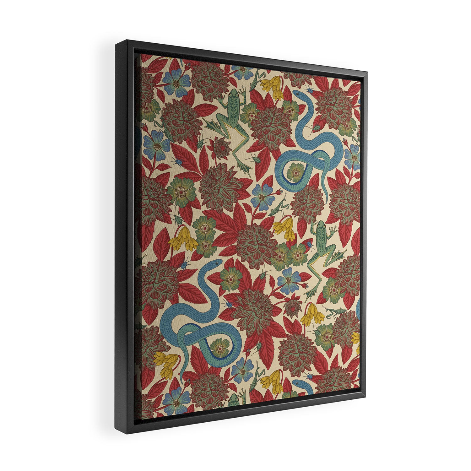 Large-Scale Dahlias, Frogs, Snakes, Praying Mantis in Red and Blue Framed Canvas Print Gallery Image 2