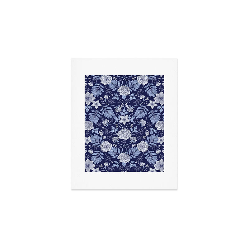 Light Blue, Cobalt Blue, & White Floral Pattern Art Print Gallery Image 1