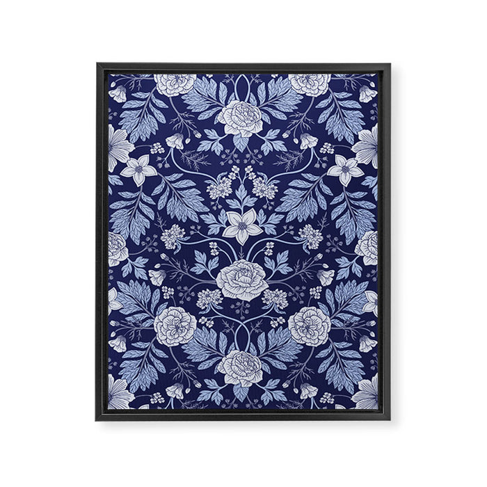 Light Blue, Cobalt Blue, & White Floral Pattern Framed Canvas Print Gallery Image 1