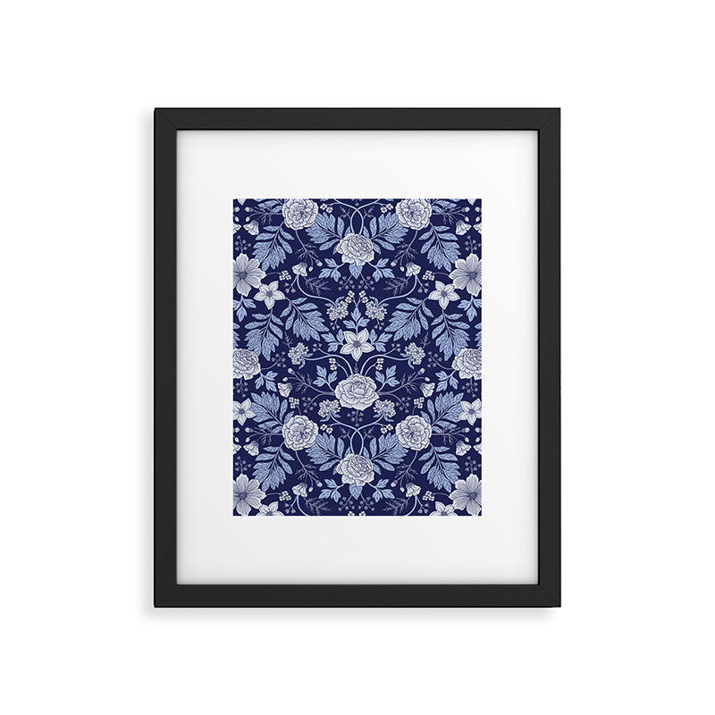 Light Blue, Cobalt Blue, & White Floral Pattern Framed Art Print Gallery Image 6