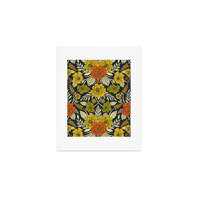 Modern Floral Pattern in Orange, Yellow, Green & Navy Art Print Gallery Image 1