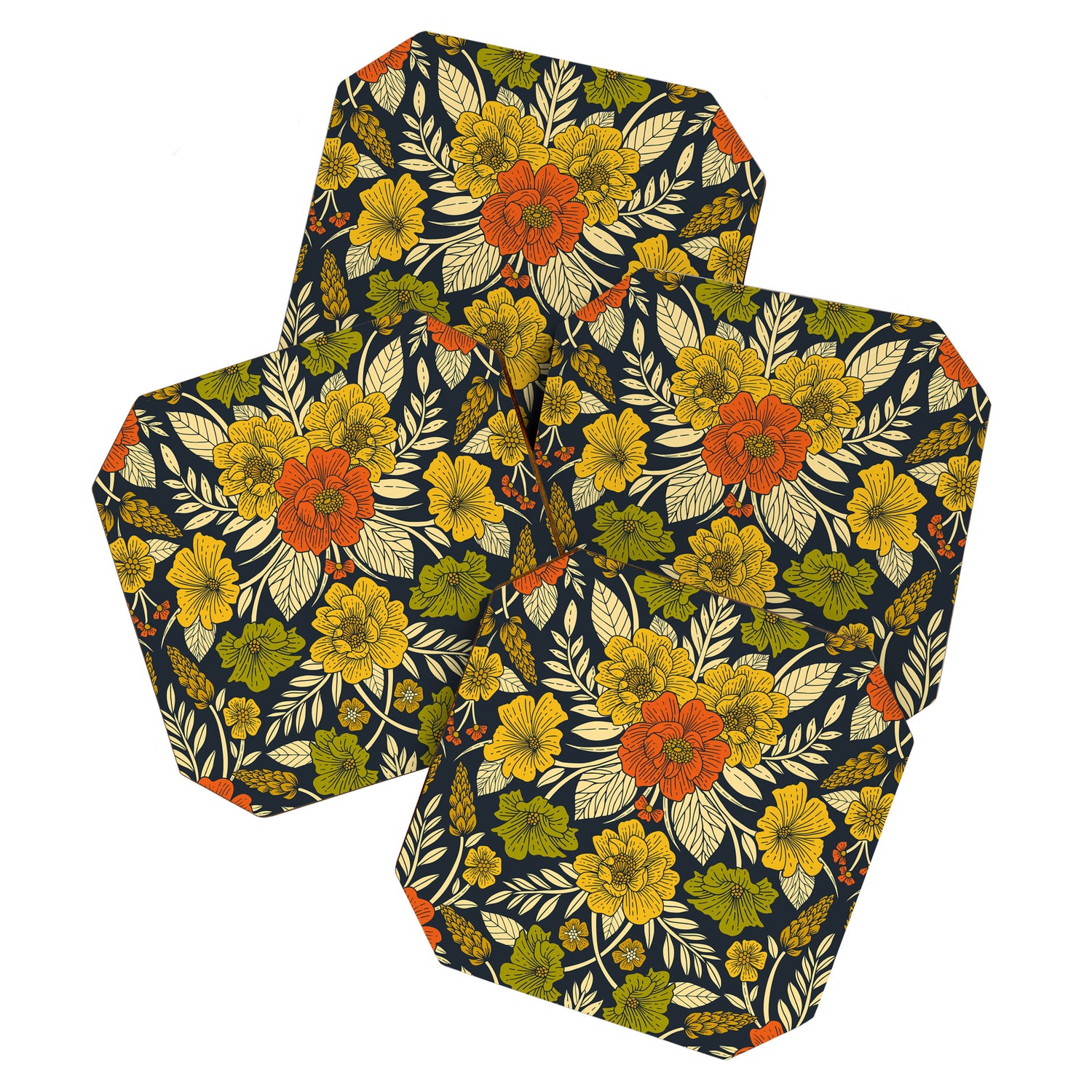 Modern Floral Pattern in Orange, Yellow, Green & Navy Coaster Gallery Image 1