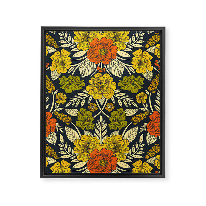 Modern Floral Pattern in Orange, Yellow, Green & Navy Framed Canvas Print Gallery Image 1